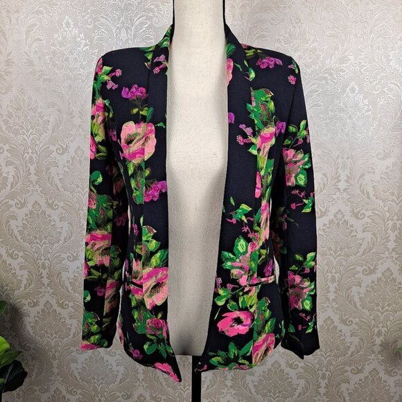 Missguided Size 2 Black Flourescent Floral Patterned Blazer Long Sleeve  EUC - Picture 1 of 14